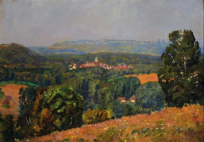 Conrad Kayser, 1880-1954, Blick auf Bruyere, so rückseitig betitelt, Öl/Malkarton, rechts unten signiert und dat. 15, ca. 36x50cm, R. ca. 40x54cm