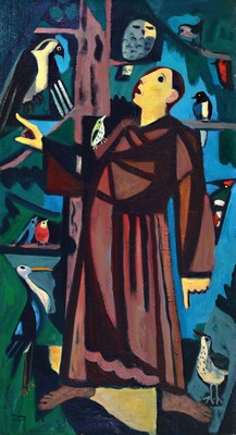 Walter Meinig, 1902 Dresden-1987 Freiburg, Franziskus predigt den Vögeln, Öl/Jute, links unten signiert und dat. 1956, verso betitelt und bez., ca. ...