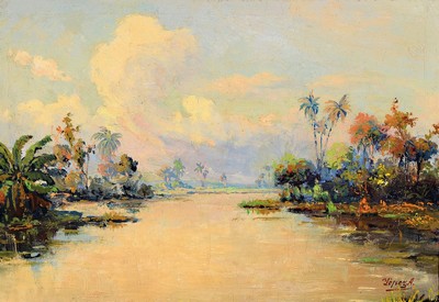 José Yépez-Arteaga, 1898 Quito/Ecuador-nach 1961 ebenda, Amazonas-Flusslandschaft mit Palmen, impressionistisches Werk des bekannten ...