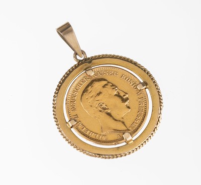 Münzanhänger, Goldmünze 20 Mark Deutsches Reich 1912, Wilhelm II.Deutscher Kaiser König v. Preussen, Münzfassung 14 kt Gold, GG 585/000, gepr., ...