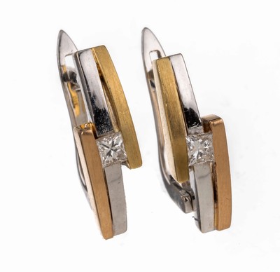 Paar 18 kt Gold Diamant-Ohrstecker, GG/WG/RG 750/000, 2 Diamanten im Princess Cut zus. ca. 0.20 ct Weiß/vs, total ca. 6.1 g, passend zu Kat.-Nr. ...