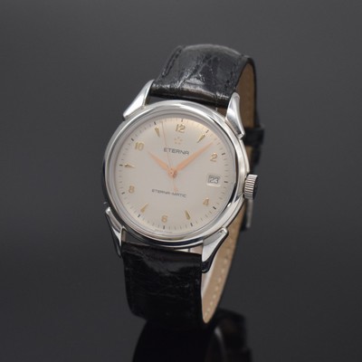 ETERNA-MATIC 1948 Herrenarmbanduhr in Stahl, Schweiz um 1995, Automatik, Boden aufgedr., orig. Lederband m. Dornschl., Saphirgl., silb. Zifferbl. m. ...