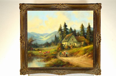 Heinrich E. Feldkamp, geb. 1932 Duisburg, Ländliches Idyll mit Bauernhaus, weidenden Kühen und Bauer mit Pferdefuhrwerk, Öl/Lwd, rechts unten ...