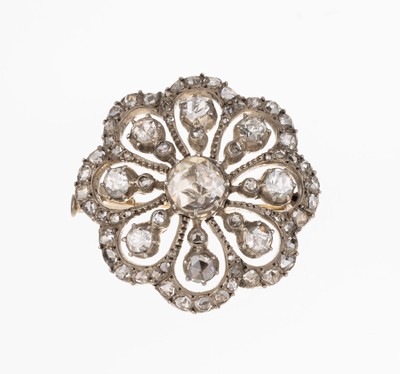 14 kt Gold Diamant Brosche, wohl Niederlande um 1830/40, Meistermarke JRB ?, Schauseite in Silber gearbeitet, 9 Diamant-Rosen zus. ca. 1.40 ct ...