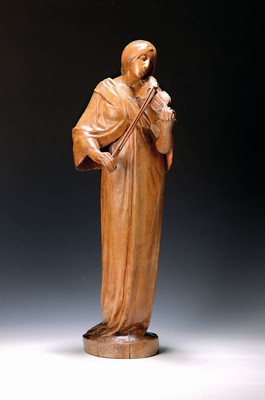 Skulptur von Hugo Lederer, 1871 Znaim-1940 Berlin, stehende Violinistin, Lindenholz geschnitzt, leicht schwundrissig, Geigenbogen und -hals besch., ...