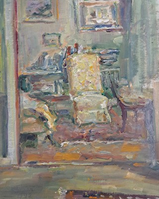 Albert Feser, 1901-1993, Öl/Hartfaserplatte, um 1980, verso mit Nachlasstempel, betitelt "Interier", 50x40,PP 60x50cm, Provenienz: ...