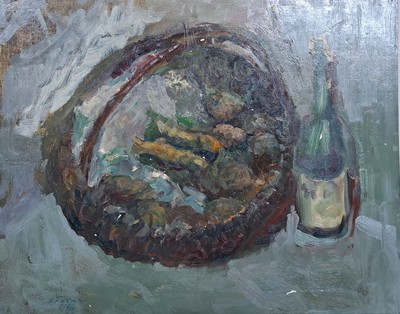 Albert Feser, 1901-1993, Öl/Hartfaserplatte, um 1984, verso mit Nachlasstempel, betitelt "Obstkorb mit Weinflasche, 40,5x50,PP ca. 50x60cm ...
