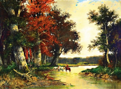 Alois Arnegger, 1879-1963 Wien, Herbstliche Landschaft mit Pferden und Pferdeführer an der Tränke, Öl/Lwd, links unten signiert, ca. 75x100cm, R. ...