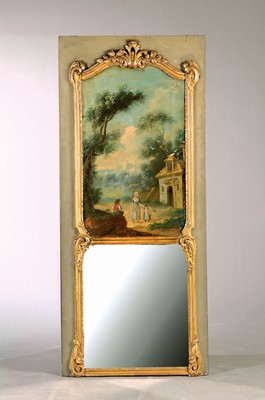 Trumeau, wohl Elsass, um 1780, Holzrahmen geschnitzt, Rocaillen- und Blumenmotive, grün-grau gefaßt, z.T. vergoldet, im oberen Teile, Ölgemälde ...