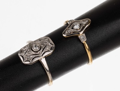 Konvolut 2 14 kt Gold Art-Deco Diamant-Ringe, GG/WG 585/000, 2 Altschliff-Diamanten und 10 Diamant-Rosen zus. ca. 0.15 ct Weiß/si,zeittyp. Design, ...