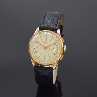 ORFINA Armbandchronograph in RoseG 750/000, Schweiz um 1950, Glasrand, Boden u. verg. Cuvette aufgedr., silb. Zifferbl. fl., gold. Ind. u. arab. ...