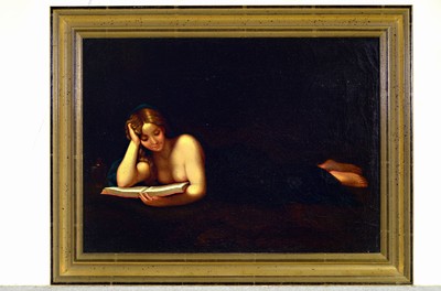 Unbekannter Kopist nach Pompeo Batoni, 19. Jh., Die büssende Maria Magdalena lesend in der Grotte, Öl/Lwd, rest., altersbedingt krakeliert, ca. ...