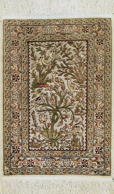 Hereke Seide fein sign., Metallbroschiert, Türkei, um 1950, Naturseide, ca. 68 x 50 cm, EHZ: 1