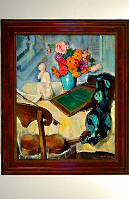 Marcelle Plaza, franz. Künstler erste Hälfte 20. Jh., Blumen und versch. Gegenständen, Öl/Lwd, re. u. signiert, l. Altersspuren bzw. l. gewellt, ...