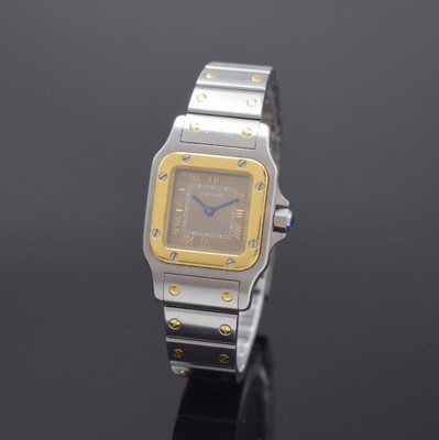 CARTIER Santos Damenarmbanduhr Referenz 1057930, Schweiz um 2000, quartz, Edelstahl/Gold komb., Boden verschr., Gliederband m. Faltschl., hellbraunes ...