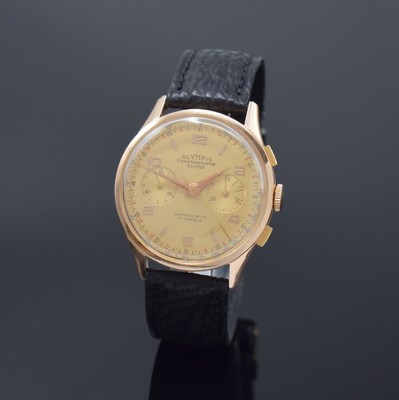 OLYMPIC / CHRONOGRAPHE SUISSE Herrenchronograph in RG 750/000, Schweiz um 1960, Handaufzug, Geh. dell., Boden aufgedr., goldfarb. Zifferbl. m. gold. ...