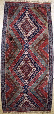 Aydin Kelim antik(2 Bahnig), Türkei, um 1900, Wolle auf Wolle, ca. 420 x 195 cm, Reinigungsbedürftig, EHZ: 2