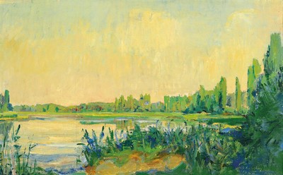 Otto Ditscher, 1903-1987 Neuhofen, Altrheinlandschaft, Öl/Lwd, rechts unten sign. und dat. 35, ca. 50x80cm, R. ca. 61x91cm, hatte privaten ...