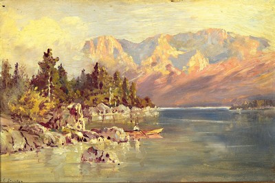 Erwin Starker, 1872 Stuttgart - 1938 Ditzingen, "Eibsee" so verso bezeichnet, morgendlicher Blick über den Eibsee auf das Zugspitzmassiv, ...