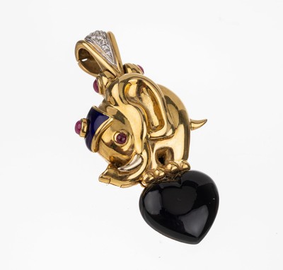 18 kt Gold Clip-Medaillonanhänger "Elefant", GG 750/000, 1 Onyx-Herz ca. 9.50 ct, 4 Rubin-Cabochons zus. ca. 0.60 ct, 17 Brillanten zus. ...