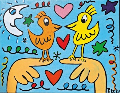 James Rizzi, 1950-2011, Love those Love Birds", Pigmentdruck/Lwd, rechts unten drucksign., R. gesamt ca. 29x36 cm , Zertifikat von Kunsthandel ...