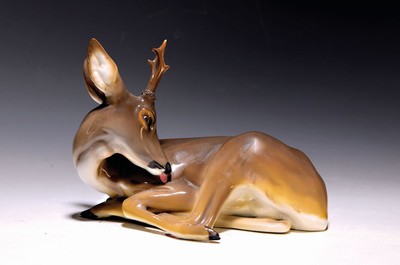 Porzellanfigur Rehbock, Nymphenburg, Entw. Theodor Kärner 1905, Porzellan, naturalistisch bemalt, liegender Rehbock, Modellnr. 243, H. 13 cm