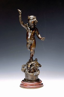 Skulptur von Georges de Kerveguen, gest. 1897, Amor mit einer Fackel, Bronze, sign., Gießerstempel unleserlich, Steinsockel besch., Gesamth. ca. 31cm