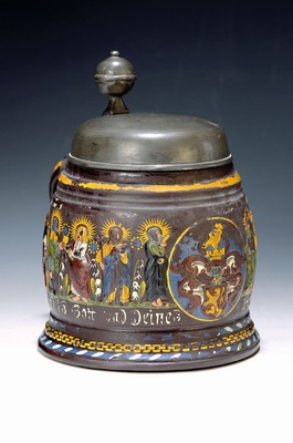 Creußner Apostelkrug, um 1900, Steinzeug, salzglasiert, Zinndeckel, je sechs Apostel flankieren eine Kartusche mit Wappen (springender Löwe links), ...