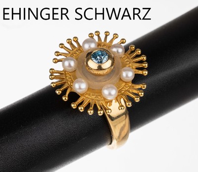 18 kt Gold EHINGER SCHWARZ Topas Perl Ring, GG 750/000, runder Ringkopf mit anged. Kronen,Spitzen mit Granulatabschlüssen, mittig mit einem runden ...