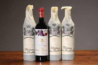 4 Flaschen 1992 Chateau Mouton Rothschild, Paulliac, premier grand cru classé, mit Künstleretikett von Kirkeby, je 75cl, orig. verkorkt und ...