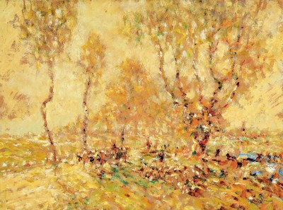 Julius Seyler, 1873-1958 München, Menschen und Tiere auf einer Baum bestandenen Landstraße, Öl/Malkarton, rechts unten sign., ca. 60x80cm, R. ca. ...