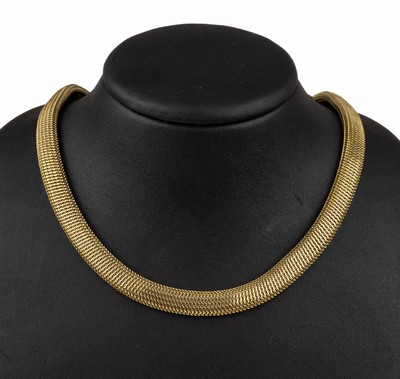 18 kt Gold LOTOS Collier, GG 750/000, 1960er Jahre, Milanaisegeflecht, Kastenschloß mit Sicherheitsacht, L. ca. 45 cm, total ca. 70 g