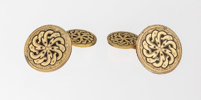 Paar 14 kt Gold Manschettenknöpfe, GG 585/000, graviert und partiell schwarz emailliert, Kopf Durchm. ca. 17 mm, ca. 12.4 g