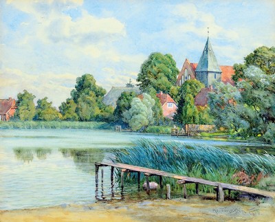 Adolf Jöhnssen, 1871 Rostock-1950 Nürnberg, Sommerliche Landschaft mit Weiher, Kinder auf dem Steg und Kirche, Aquarell auf Papier, rechts unten ...