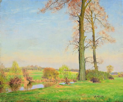 Hanny Franke, 1890 Koblenz-1973 Frankfurt a.M., Studium am Städelschen Institut, hier: Landschaft mit Baum bestandenem Bachlauf, Öl/Malkarton, ...
