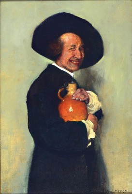 Claus Meyer, 1856 Linden-1919 Düsseldorf, lachender Mann mit Weinkanne im Arm, Öl/Lwd, rechts unten sign., ca. 45x30cm, schwarzer breiter Rahmen ...