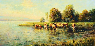Otto Pippel, 1878 Lodz - 1960 Planegg, Kühe im Uferwasser, wohl Chiemseelandschaft Vgl. Lit. Reiner 1948, markantes Querformat, Öl/Lwd, rechts ...