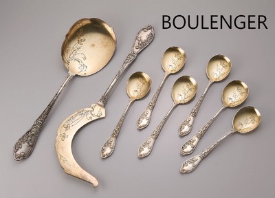 Eisbesteck für 6 Personen, Frankreich um 1900, reiner Jugendstil, Metall versilbert und teilvergoldet, Meistermarke BOULENGER, zeit- typ. floraler ...