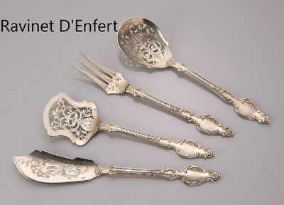 4-teiliges Petits-Fours-Vorlegebesteck, Frankreich um 1890/1900, 800er Silber, Meistermarke Ravinet D'Enfert, abstrakt floraler Dekor, ...