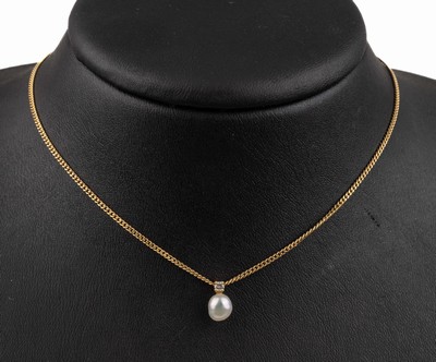 14 kt Gold Brillant-Zuchtperl-Collier, GG 585/000, 1 Brillant ca. 0.04 ct Weiß/si, 1 Süßwasserzuchtperle Durchm. ca. 5 mm, total ca. 3.1 g, L. ...