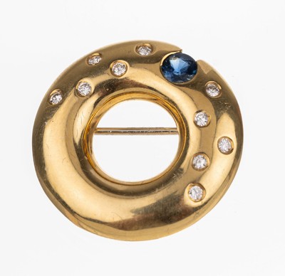 18 kt Gold Saphir-Brillant-Brosche, GG 750/000, rundfacett. Saphir ca. 0.15 ct, 10 Brillanten zus. ca. 0.20 ct Weiß/si, D. ca. 2,5 cm, total ca. ...