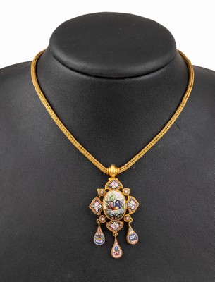 18 kt Gold Collier mit Mikromosaikeinlage, Italien um 1900, GG 750/000, bewegl. Abhängungen, florale Mikromosaikeinlagen mit Schwanendarstellung, ...