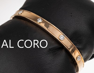 AL CORO 18 kt Gold Brillant Armspange, RoseG/WG 750/000, 5 in WG gefasste Brillanten zus.ca. 0.25 ct Weiß/si, Innenschiene mit Aussparungen mit ...
