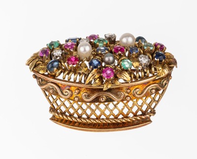 14 kt Gold Rubin Saphir Smaragd Diamant Perlbrosche, "Blumenkorb", GG 585/000, Korbmit Golddraht, Kordel- und Granulatverz., umgeben von ...