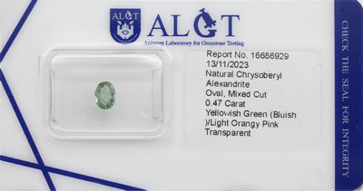 Loser facett. Chrysoberyll Alexandrit, 0.47ct, oval, Yellowish Green (Bluish)/Light Orangy Pink, transparent, ALGT Expertise anbei