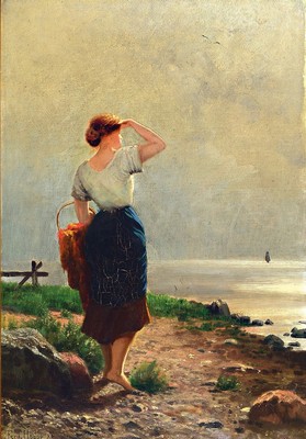Ferdinand Theodor Hoppe, 1848 Dorpat/Russland-1890 Köln, Erwartung, Junge Frau aufs Meer hinaus blickend, Öl/Lwd, links unten signiert, ca. ...