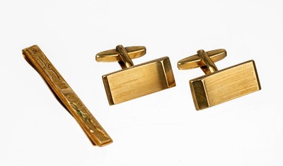 14 kt Gold Herrenschmuckset, GG 585/000, Paar Manschettenknöpfe, gefüllt, und Krawattenklammer, ca. 22.0 g