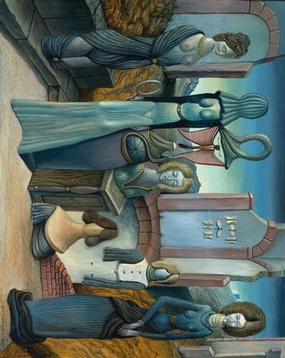 Ottfried H. Culmann, geb. 1949 Billigheim, 2Ölgemälde auf Holzplatte: "Zwei gutmütige Stellvertreter-kleiner Pharao in Wolken", 1974, ...