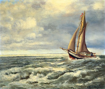 Alexander Reich-Staffelstein, 1878-1952 Bremen, Segelboot auf ruhiger See, Öl/Lwd, rechts unten signiert, ca. 72x85cm, R. ca. 90x108cm