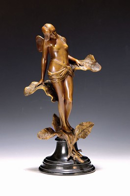 Bronzeskulptur, Frankreich, in der Art des Jugendstils, weiblicher Akt in einer Pflanze, Steinsockel, Gesamth. ca. 24cm